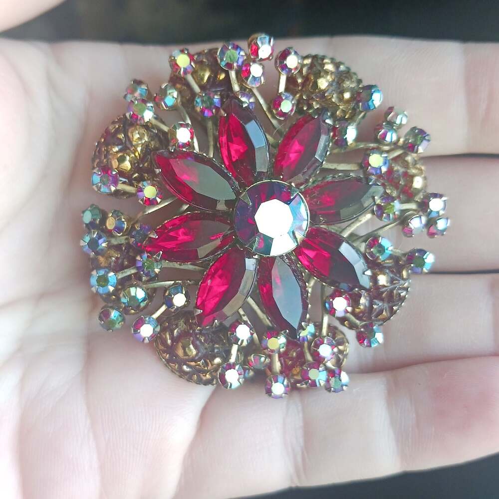 Beau Jewels 1950s Large Red Gold Tone AB Rhinestone Flower Brooch & Earrings Set